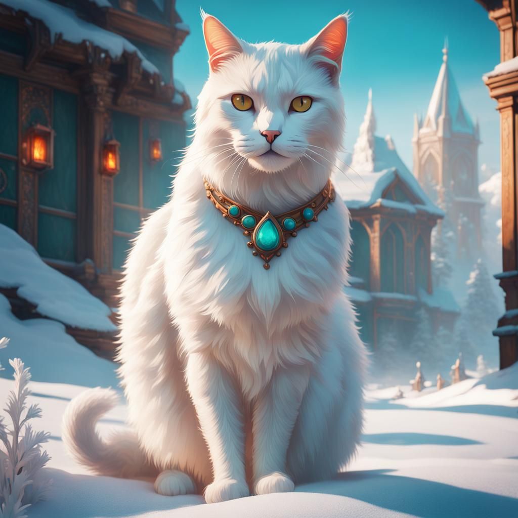 Fantasy Landscape with White Cat, Digital Art