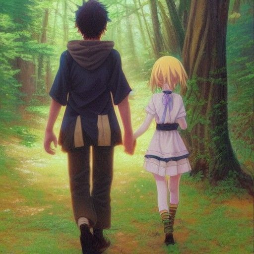 Cute Anime Couple Walking in Forest as Oil Painting
