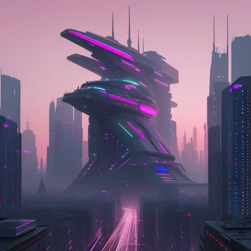 Futuristic Cityscape with Flying Cars in Neon Glow