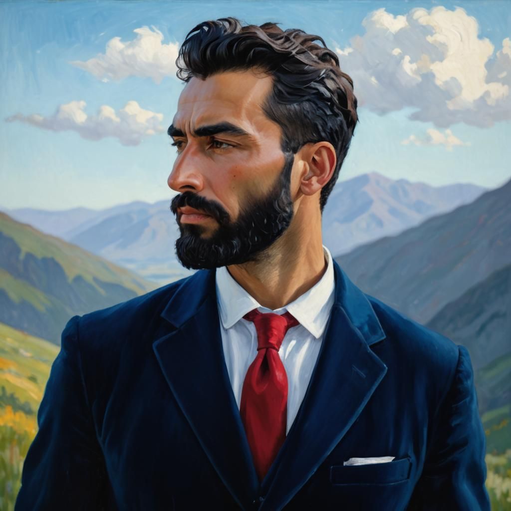 Iranian Man in Blue Velvet Suit: Expressionist Portrait