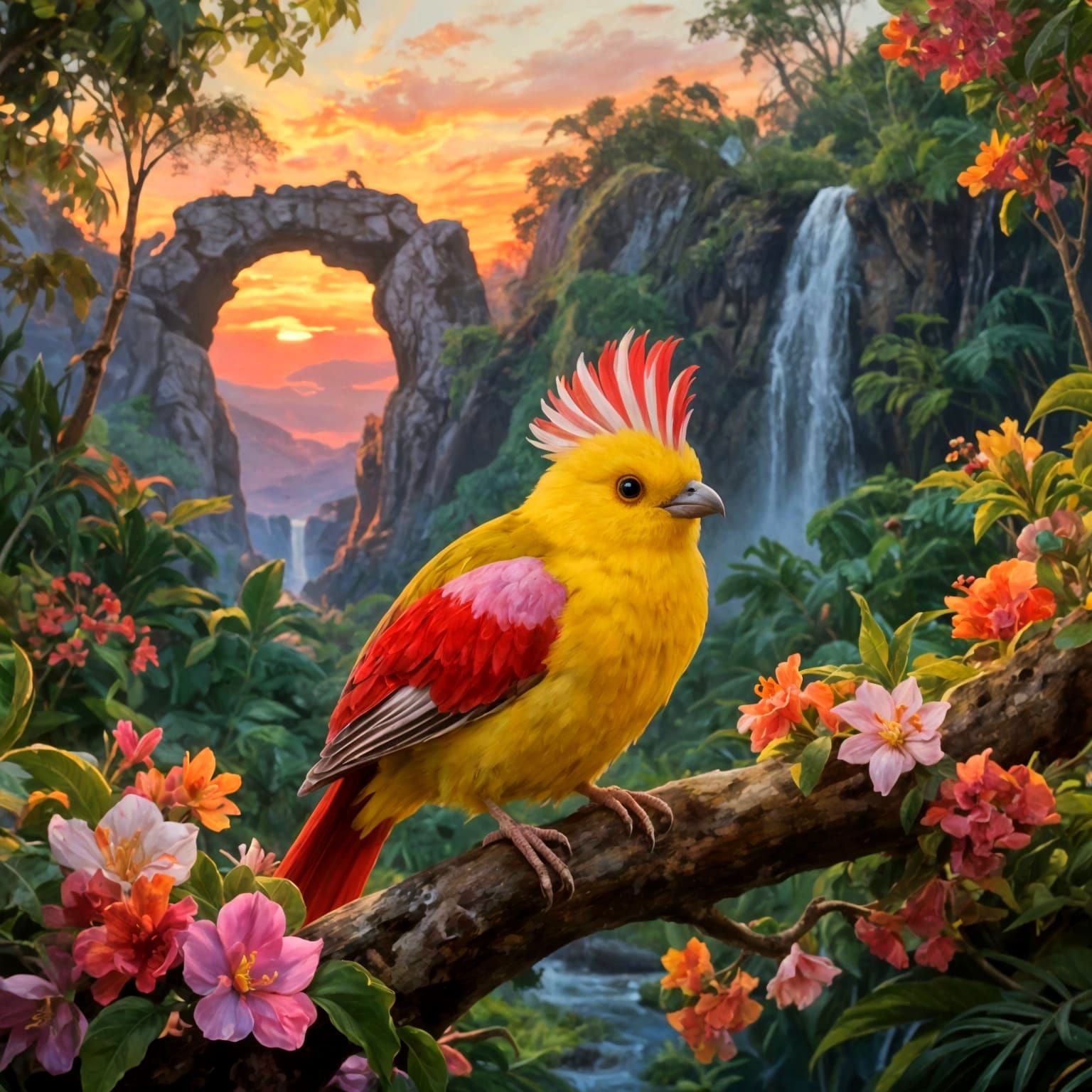 Vibrant Oil Painting of a Crested Bird on a Blooming Branch