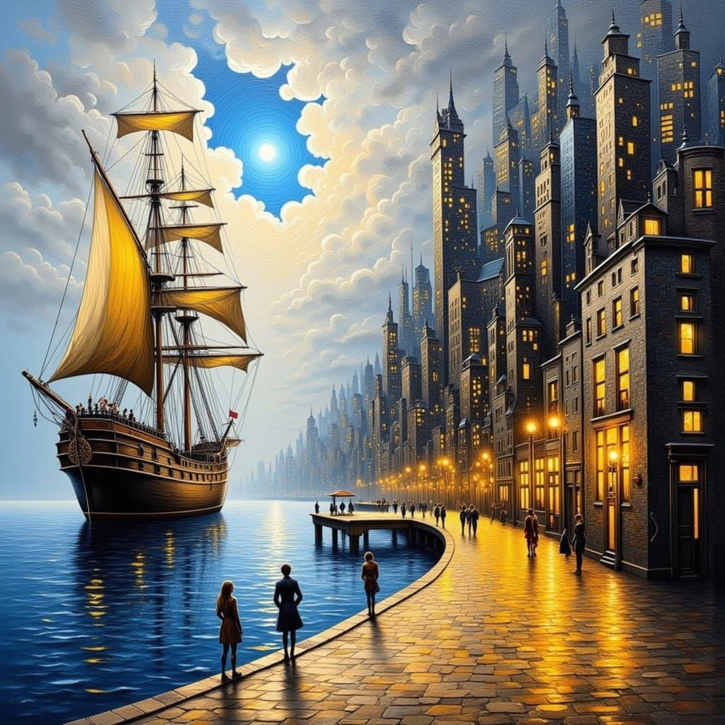 Impressionistic Harbor Scene with Sailing Ship and Abstract ...