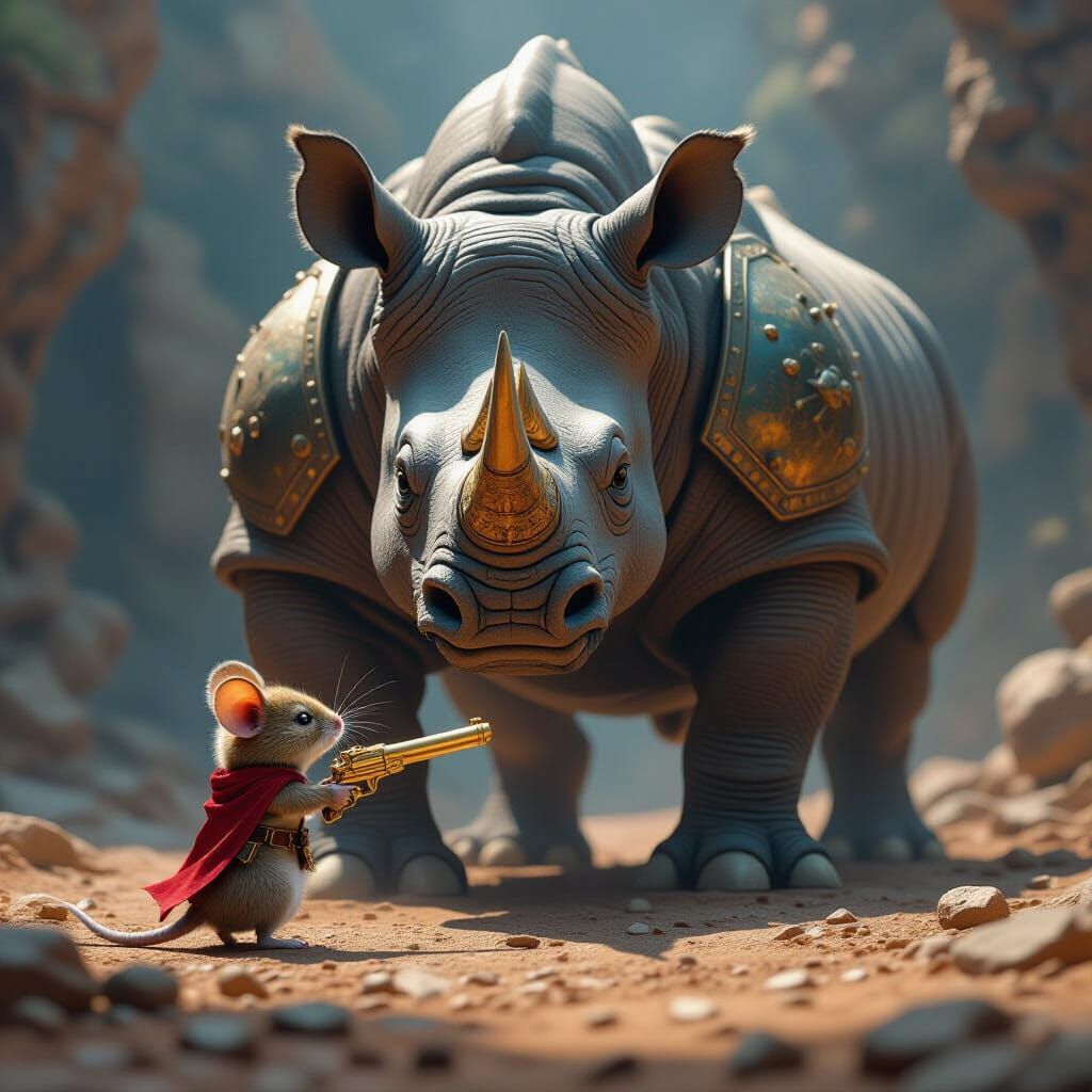 Tiny Mouse Faces Giant Rhino in Epic Battle Scene
