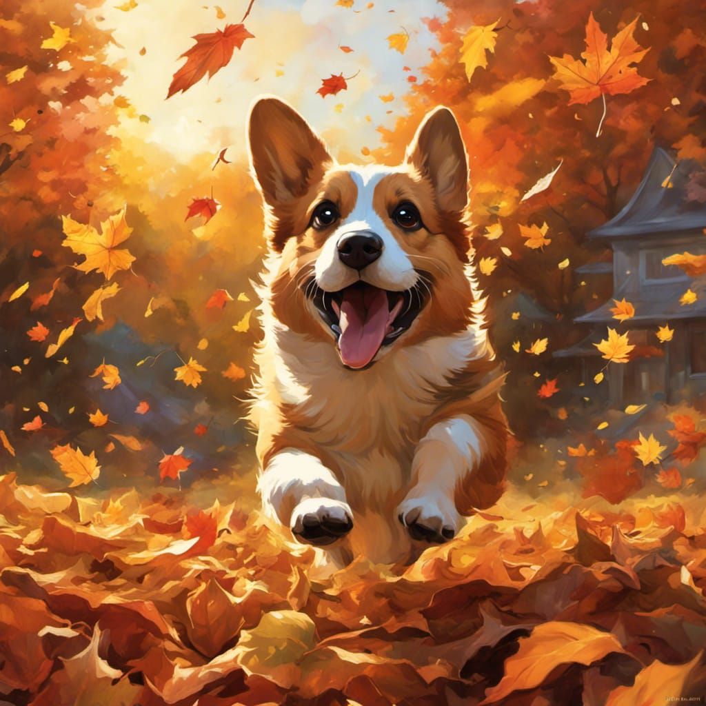 Joyful Corgi in Autumn Leaves, Hyperdetailed Fantasy Art