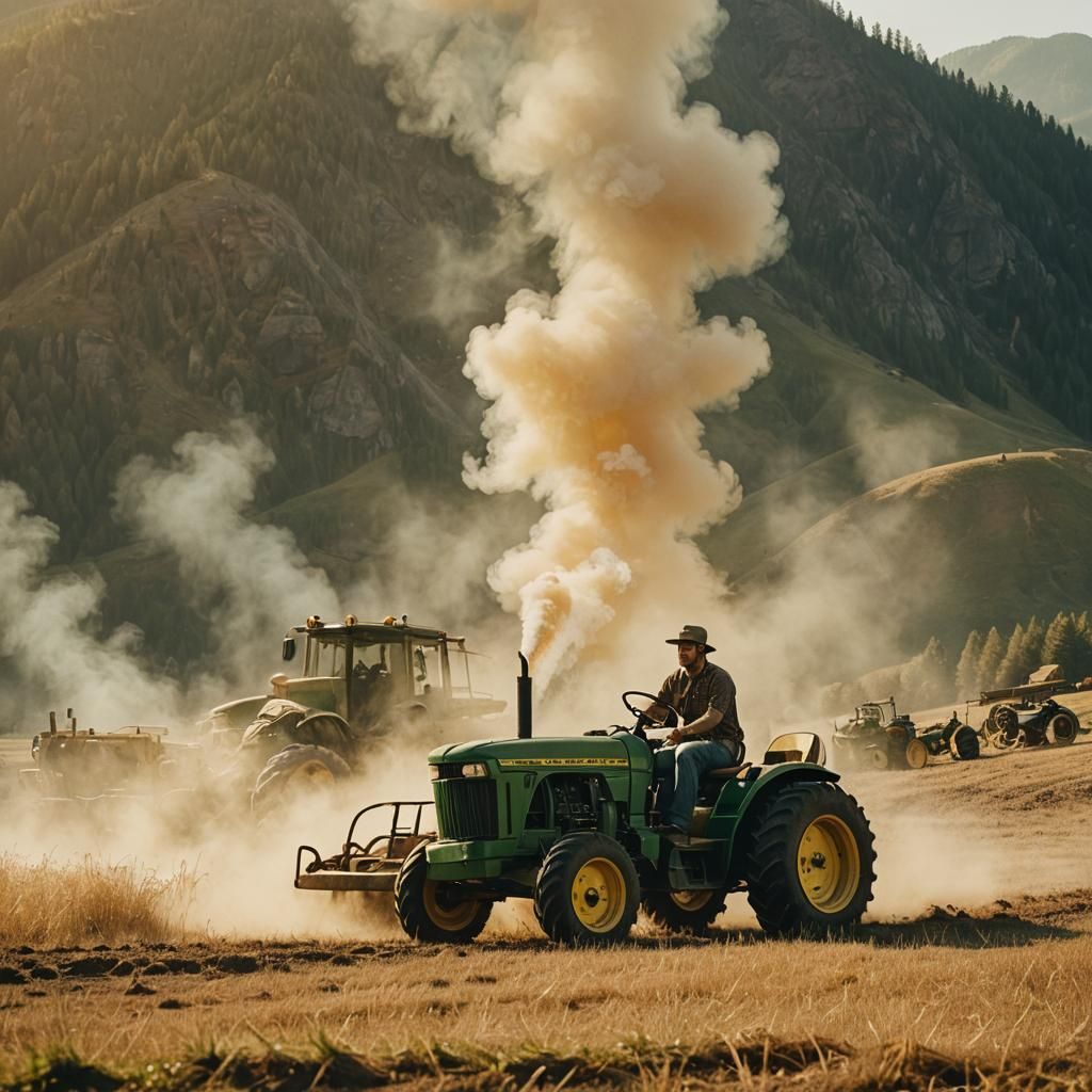 Tractor in Sunlit Field: Vintage Cinematic Film Still