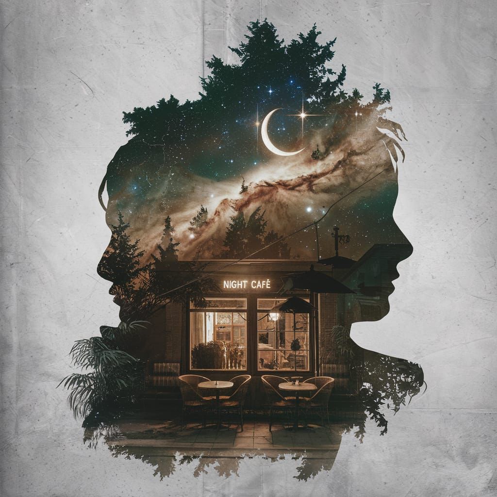Surreal Night Café with Cosmic Dreamscape and Forest