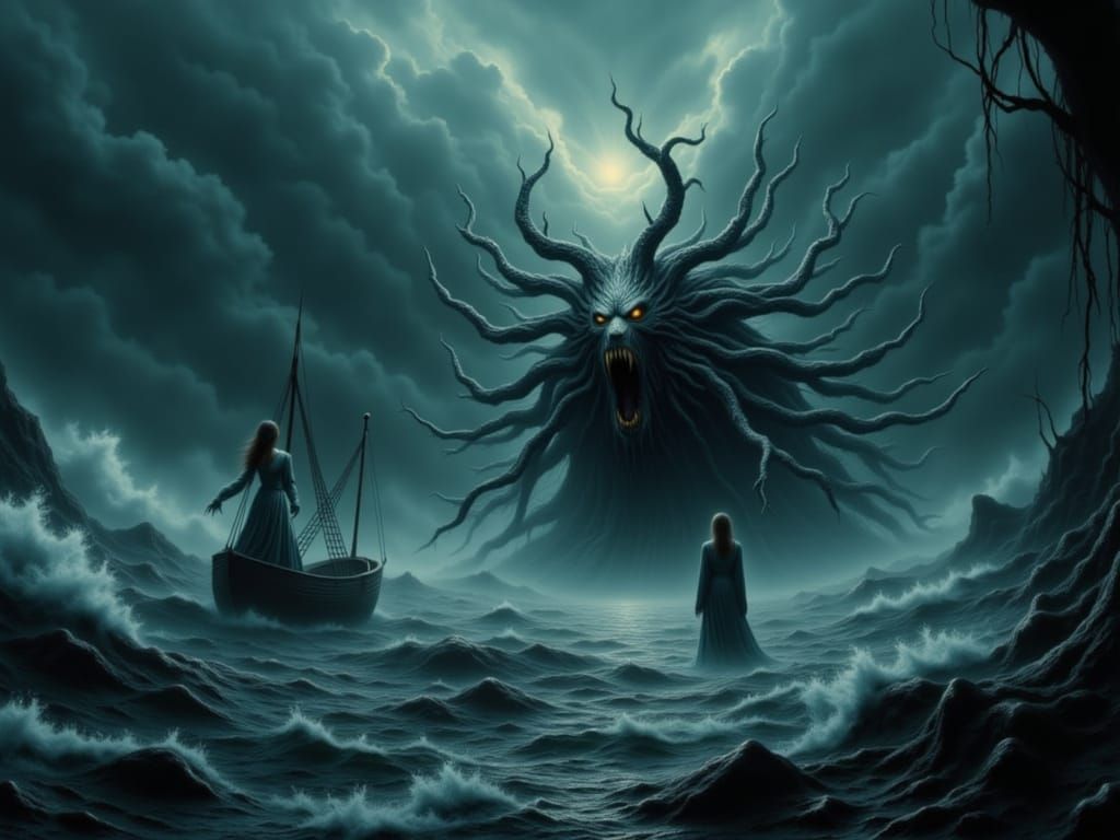 Ship Escaping Kraken on Stormy Seas