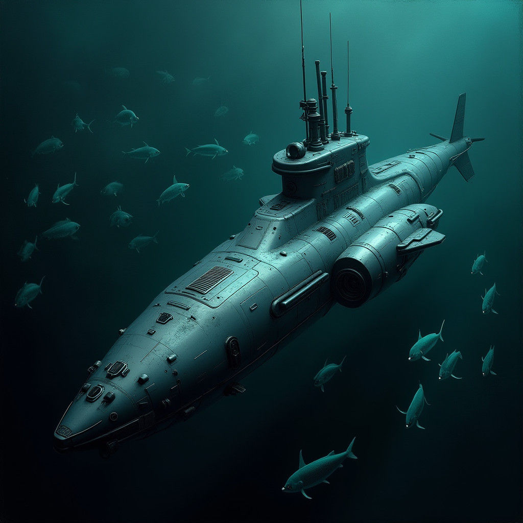 Futuristic Submarine Patrolling Dark Ocean Depths