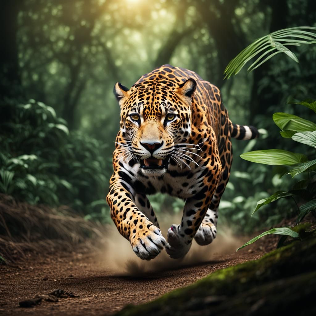 Hyperrealistic Jaguar Running in Rainforest