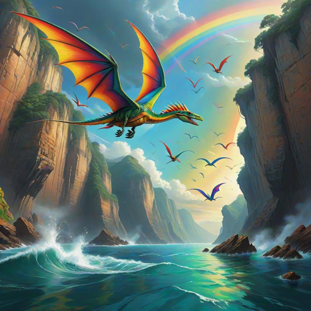 Vivid Pterodactyl Soaring Over Ocean in Splash Art Style