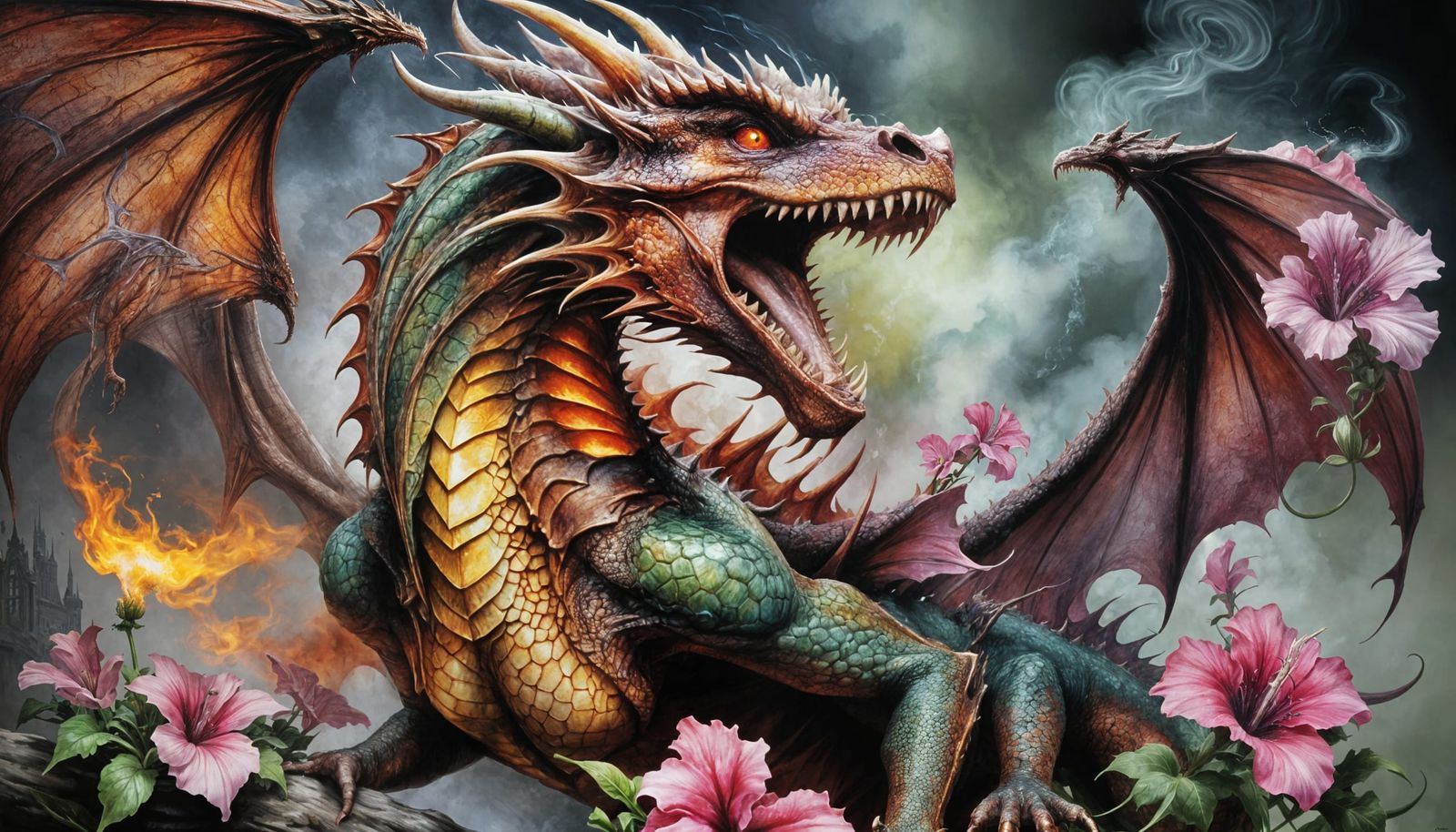 Roaring Dragon with Petunias in Alcohol Ink Style