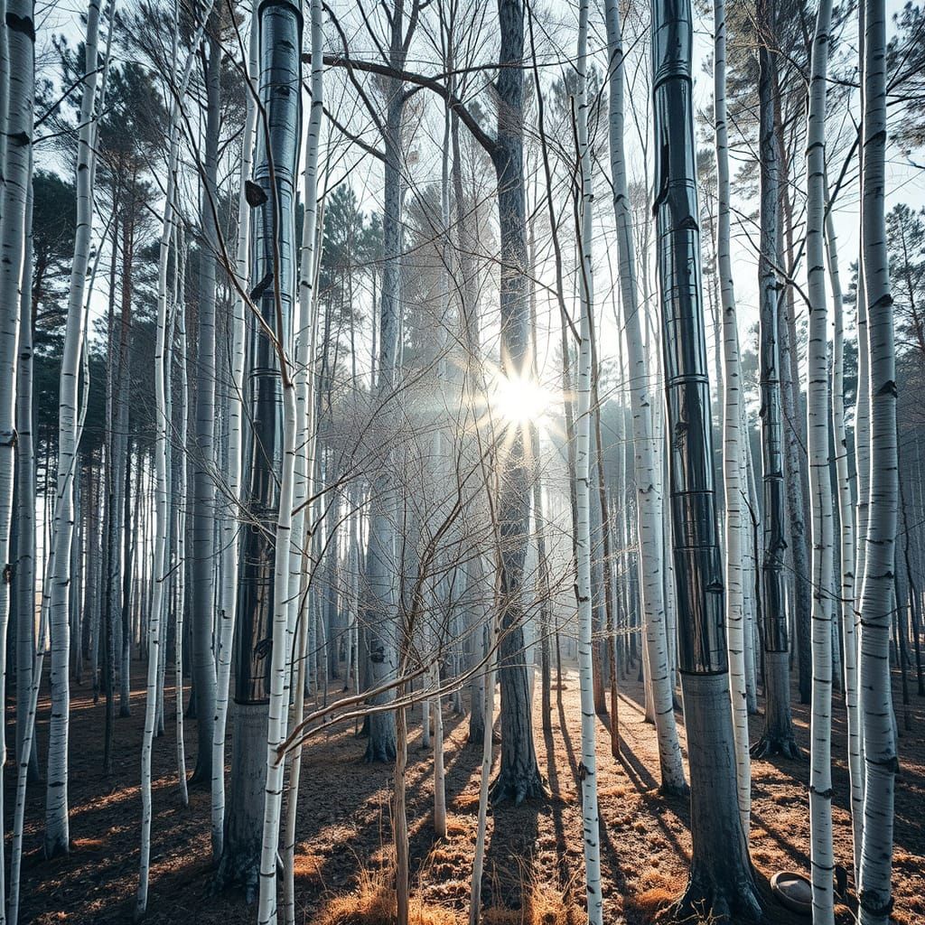 Surreal Chrome Birch Forest in Futuristic Style