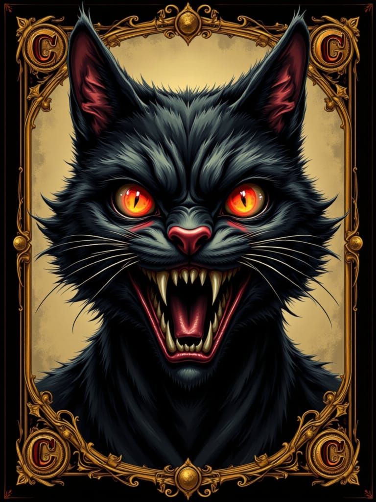 Menacing Cat with Glowing Eyes in Eerie Horror Style