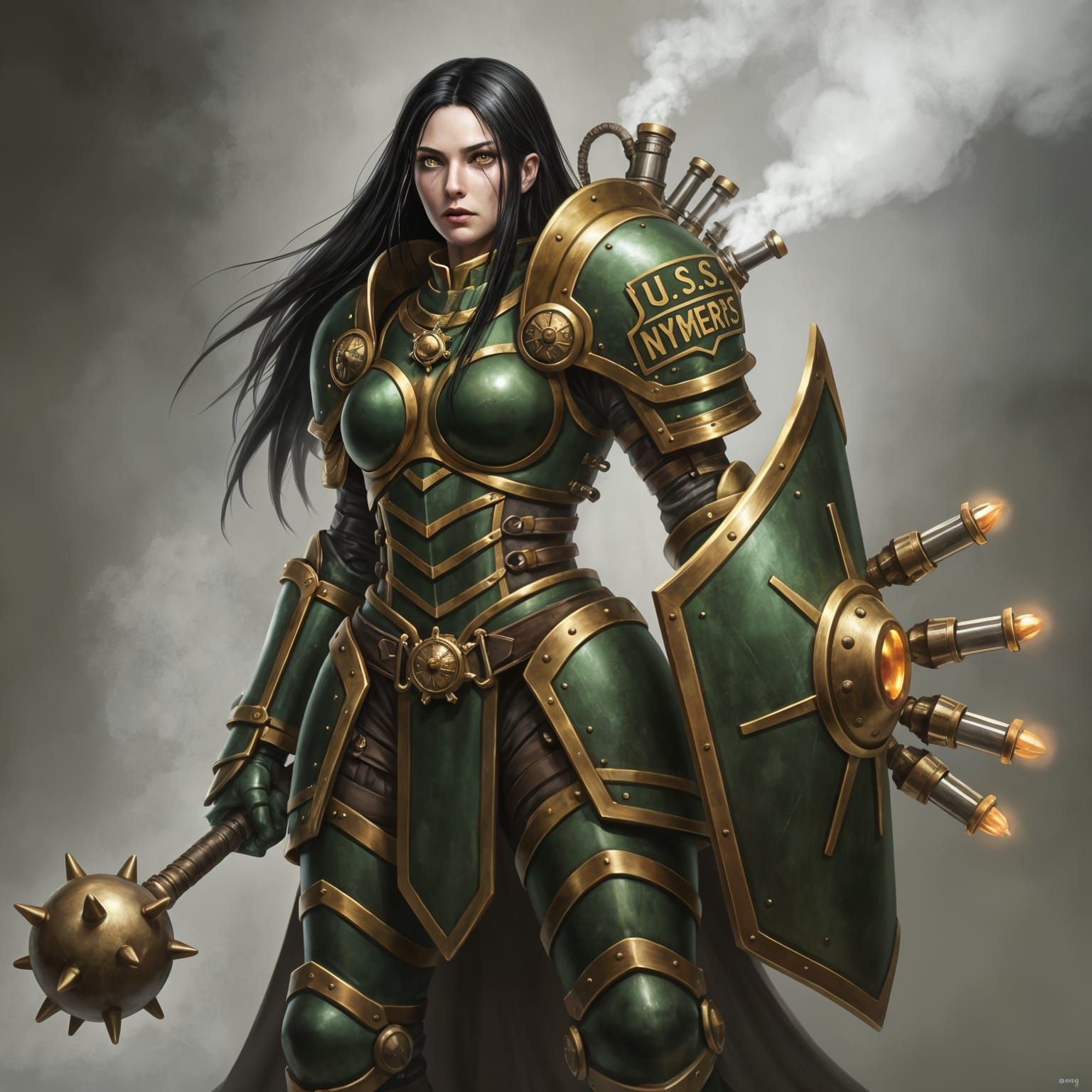 Nyssa, Steampunk Warrior with Gear Armor and Mace