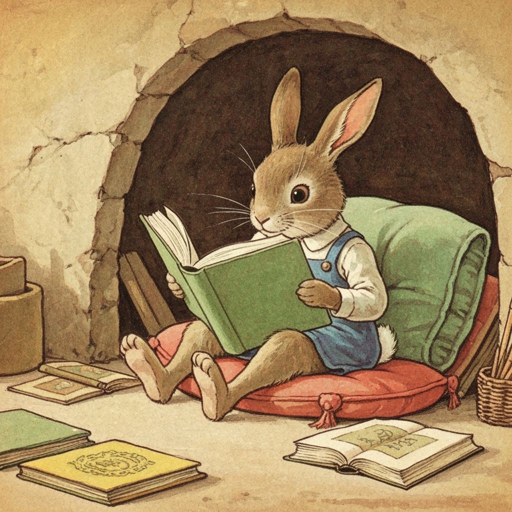 1920s children's book, a young female rabbit sitting on cushions and reading a large book in a cosy underground reading ...