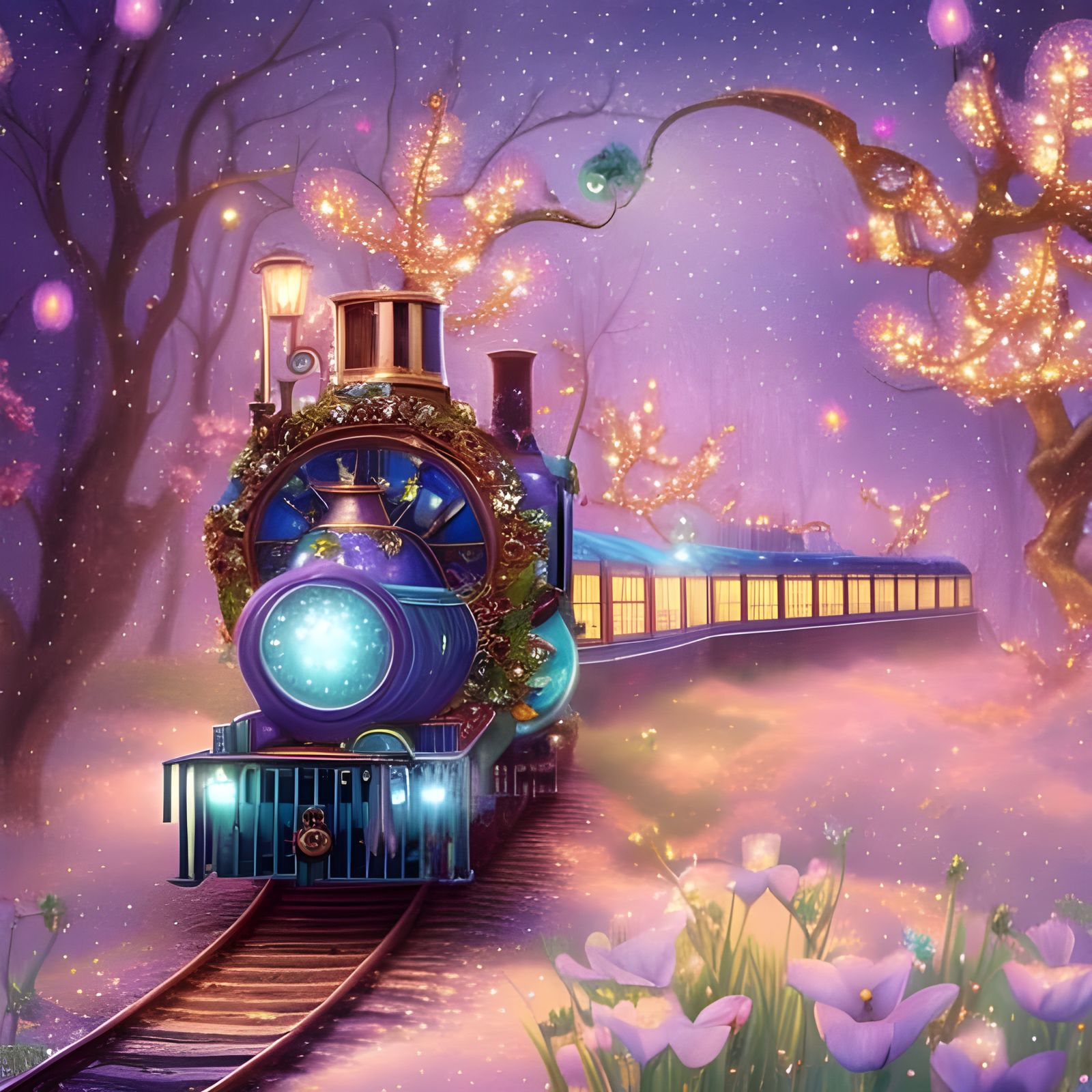 Magical Glass Train in Floral Landscape, Art Nouveau