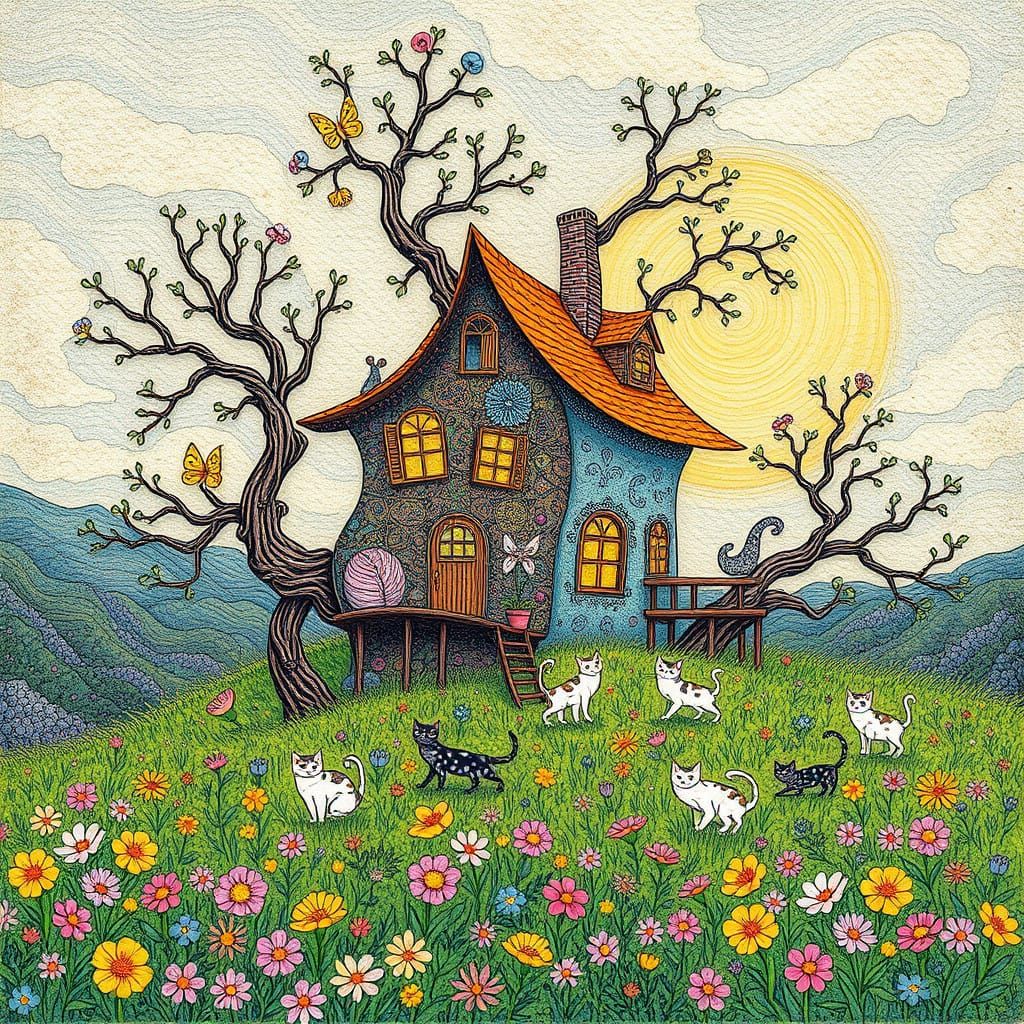 Whimsical, Surreal Landscape Painting in Dreamlike Style