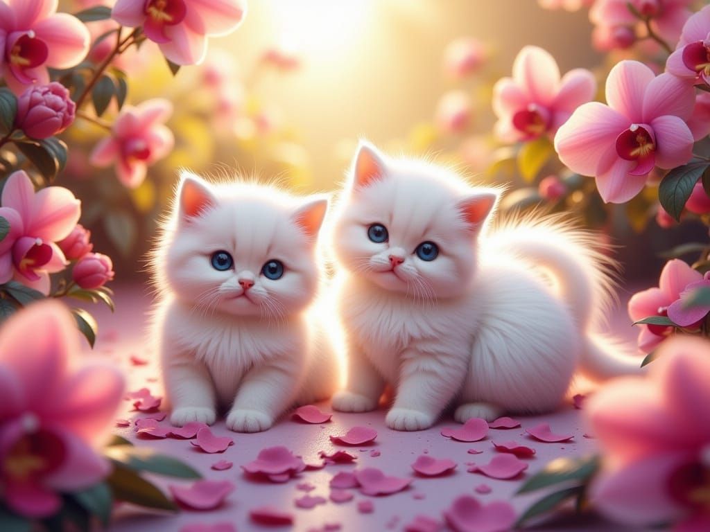 Adorable White Kittens Amongst Exotic Orchids in Matte Paint...