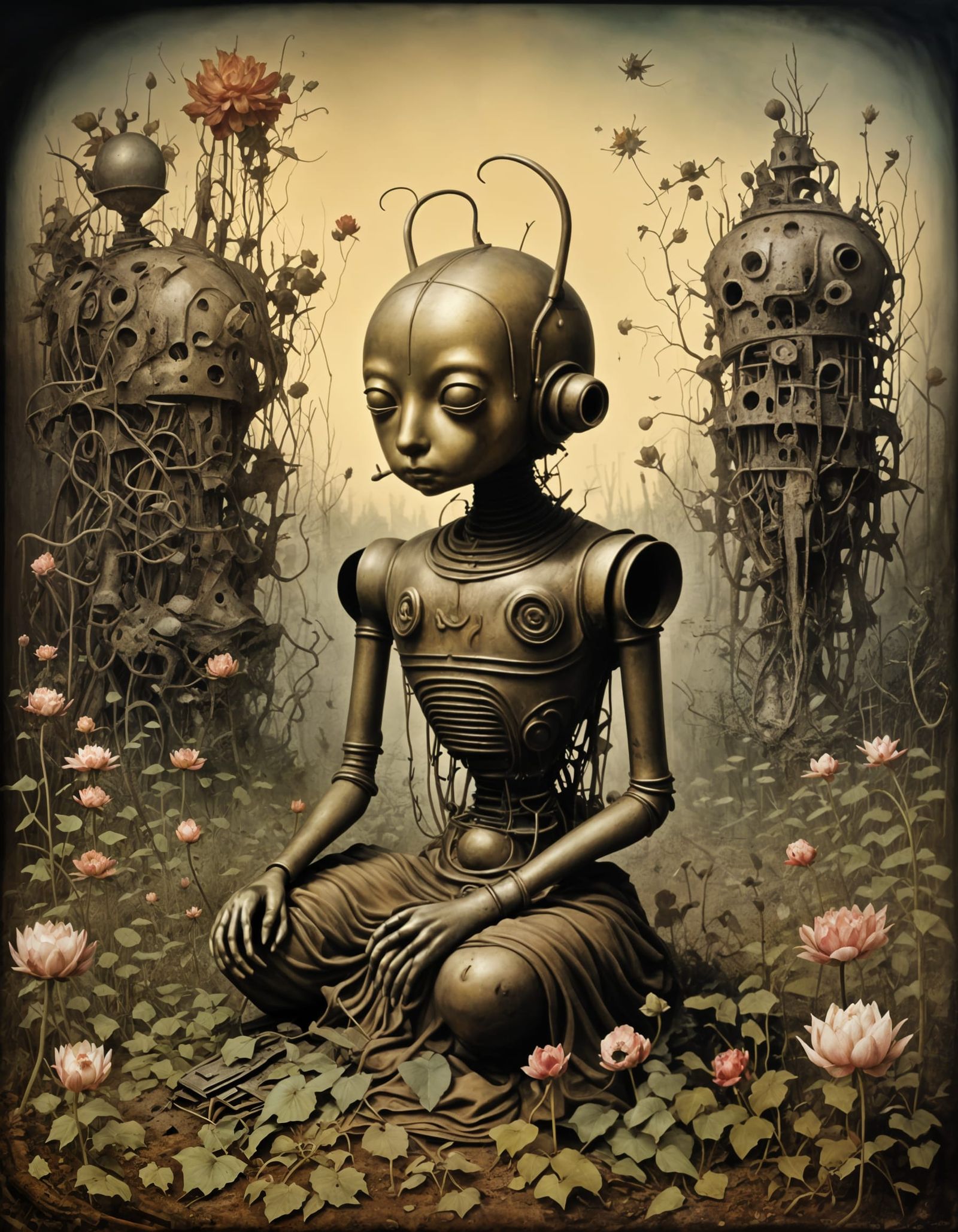 Surreal Robot Buddha in Dreamlike Industrial Graveyard