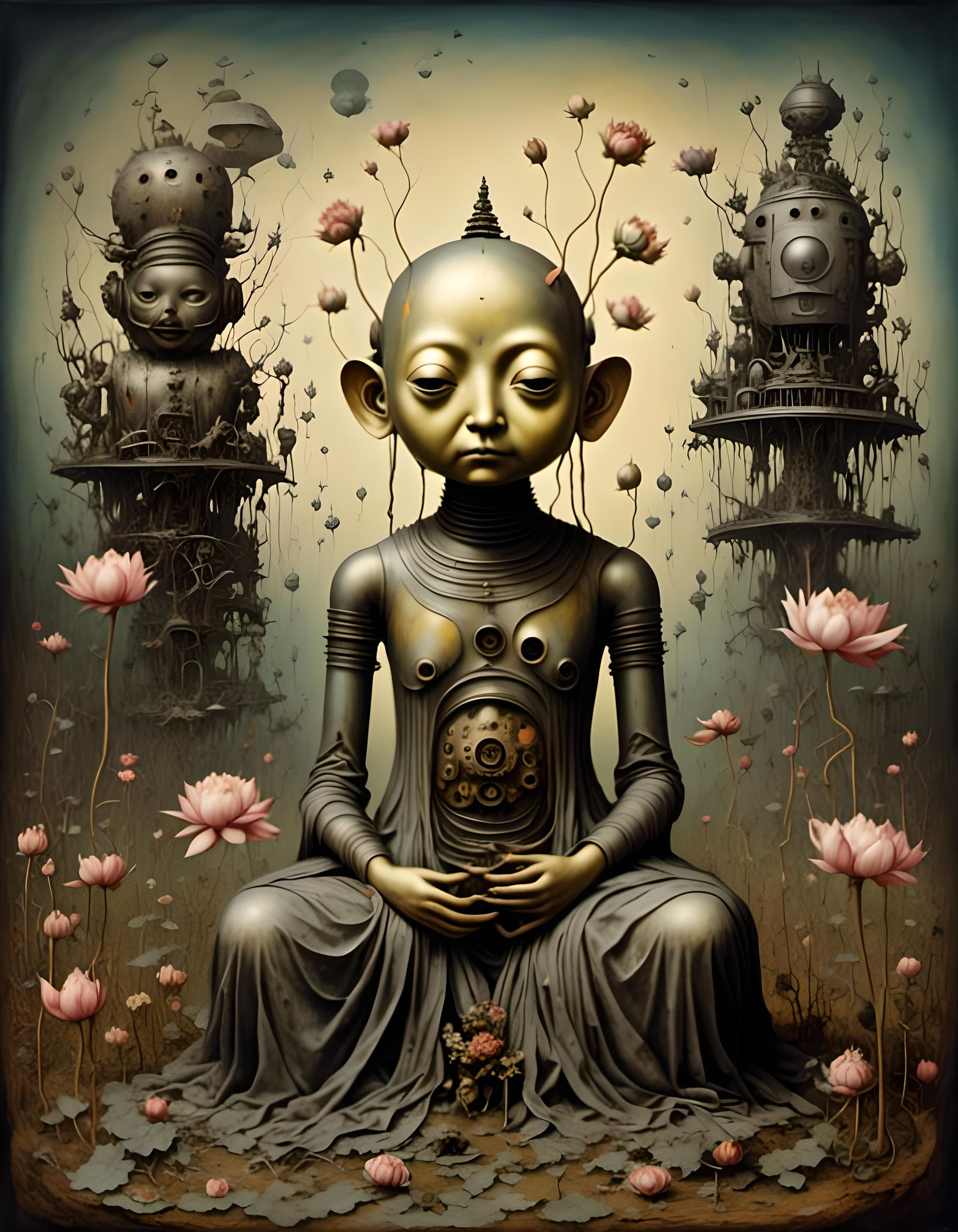 Surreal Robot Buddha in Industrial Graveyard