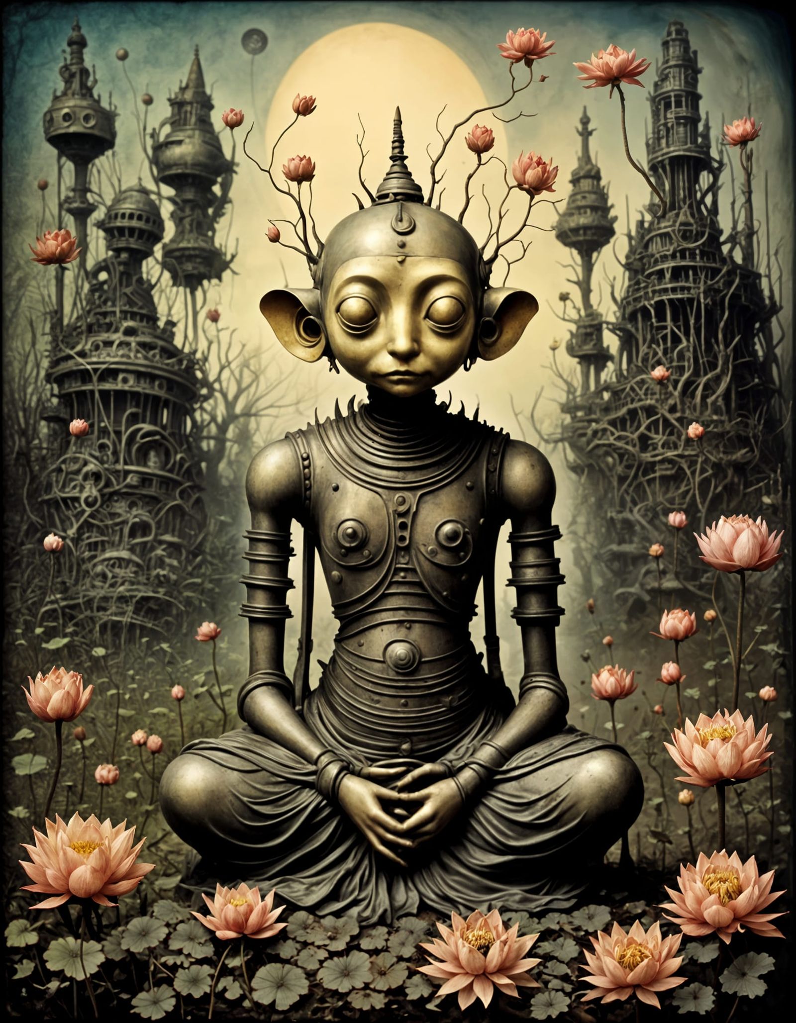 Surrealist Robot Buddha in Industrial Graveyard