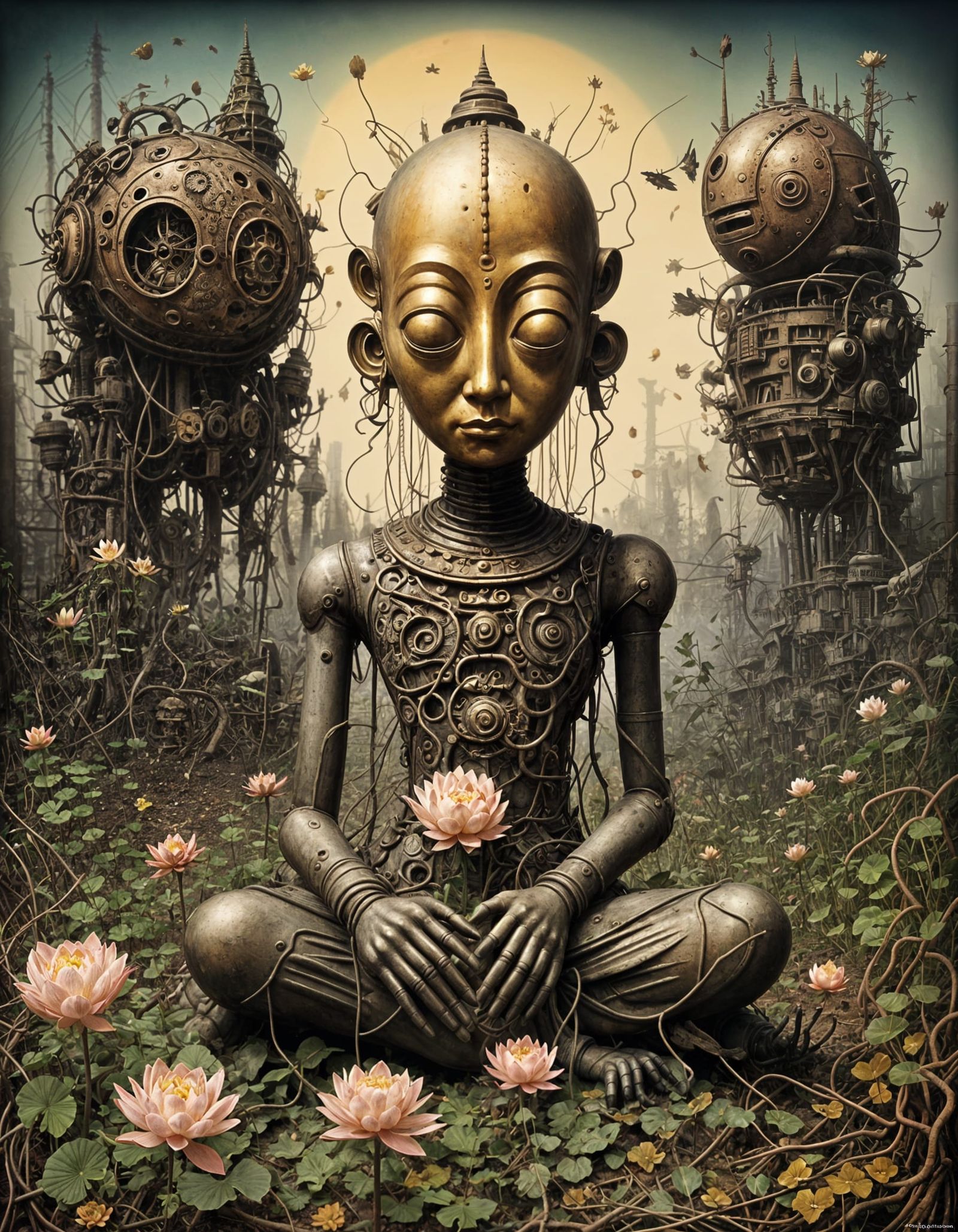 Surreal Robot Buddha in Industrial Graveyard
