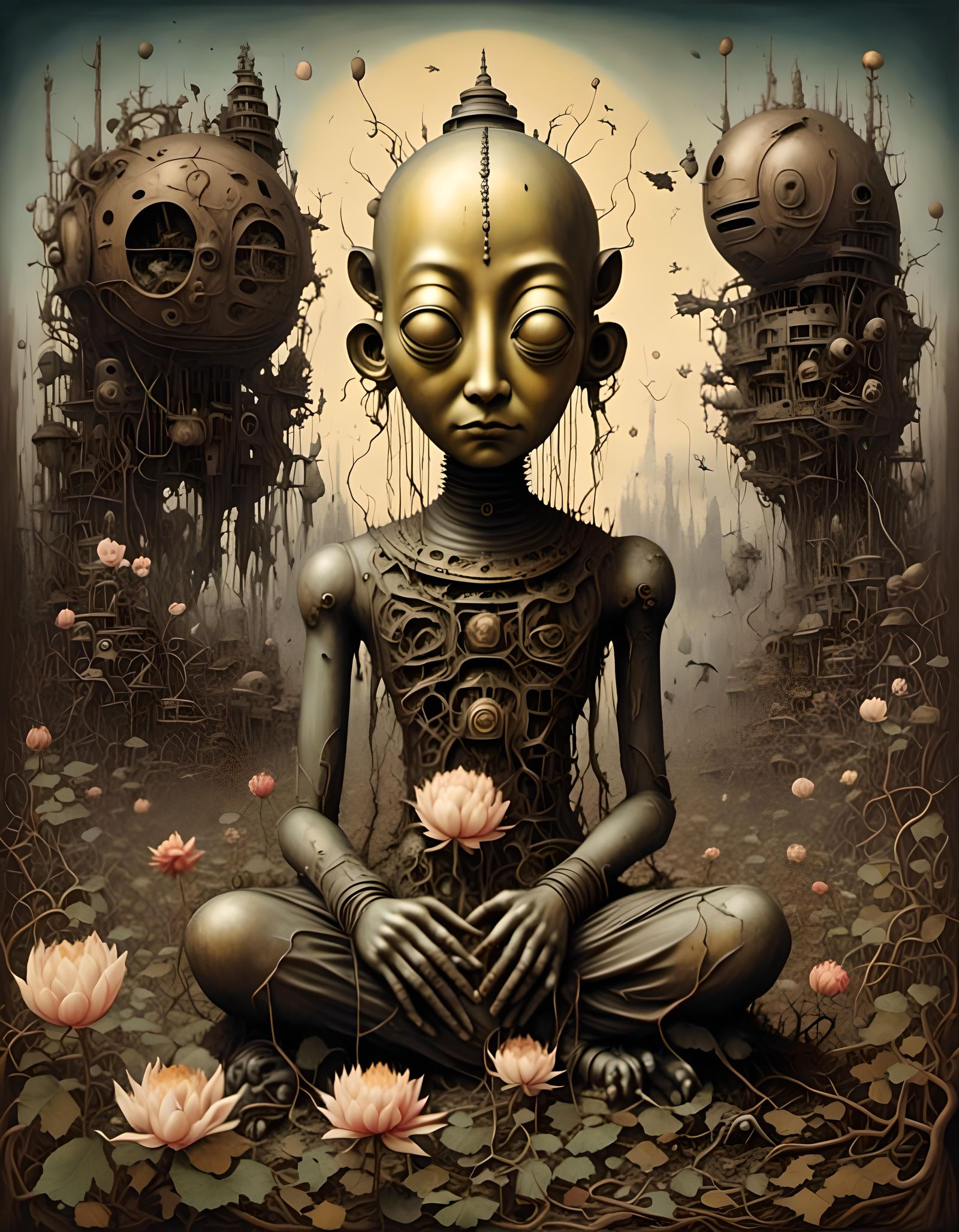 Surreal Robot Buddha in Dreamlike Industrial Graveyard
