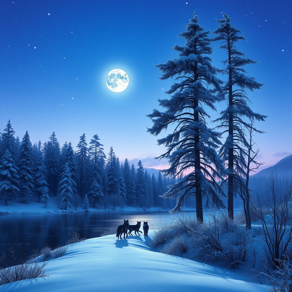Enchanting Winter Landscape with Wolves in 3D Anime Style