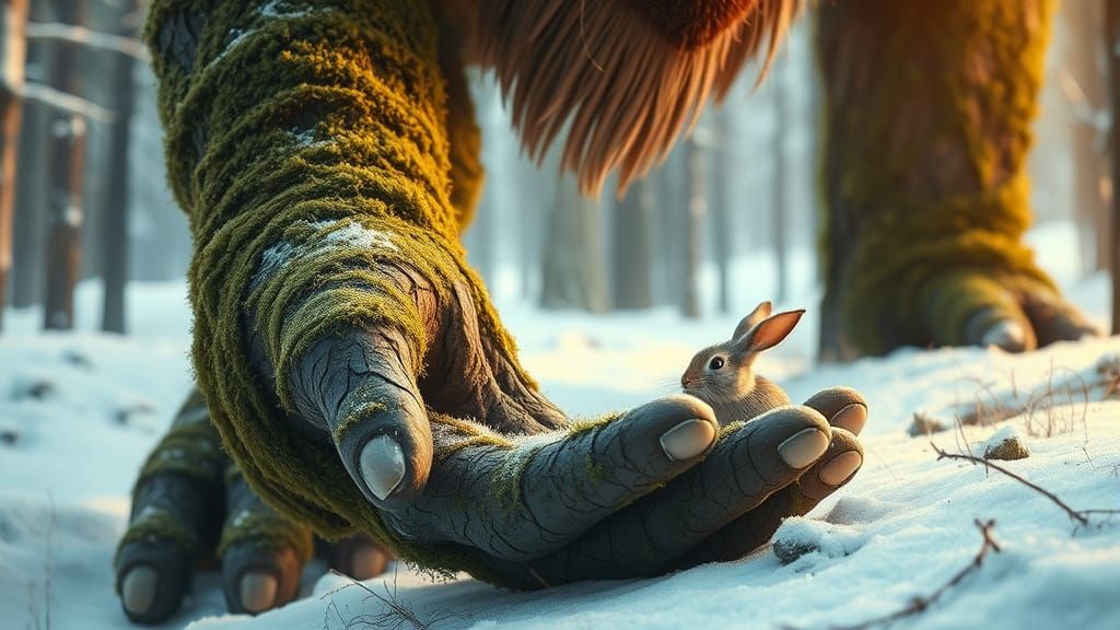 Moss Giant Helps Rabbit in Snowy Forest