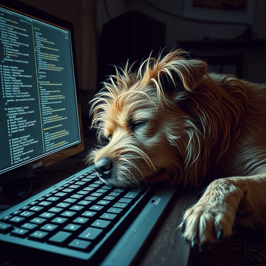 Exhausted Programmer Dog in a Gritty, Industrial Setting