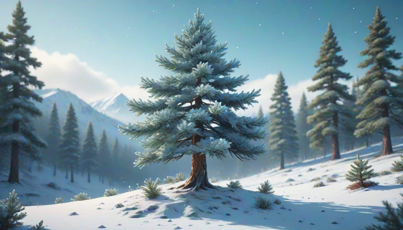 Fantasy Pine Tree in Snowy Landscape