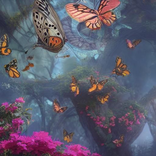 Fantastical Cat and Butterflies in Detailed Matte Painting
