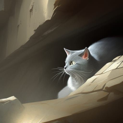 Gray Cat in Cave: Dark Fantasy Concept Art