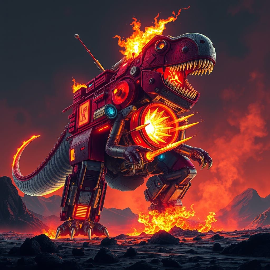 Colossal Fire Truck T-Rex Robot in Sci-Fi Style