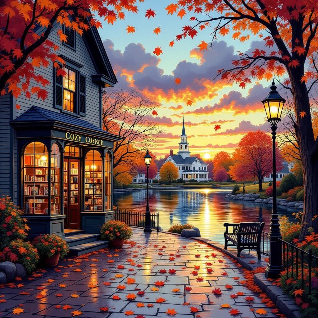 New England Autumn Village: Cozy Corner Bookstore at Sunset