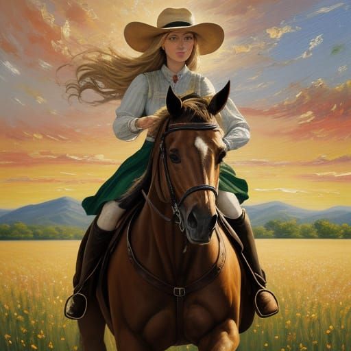 Expressionist Impasto Painting of Woman Riding Horse at Suns...