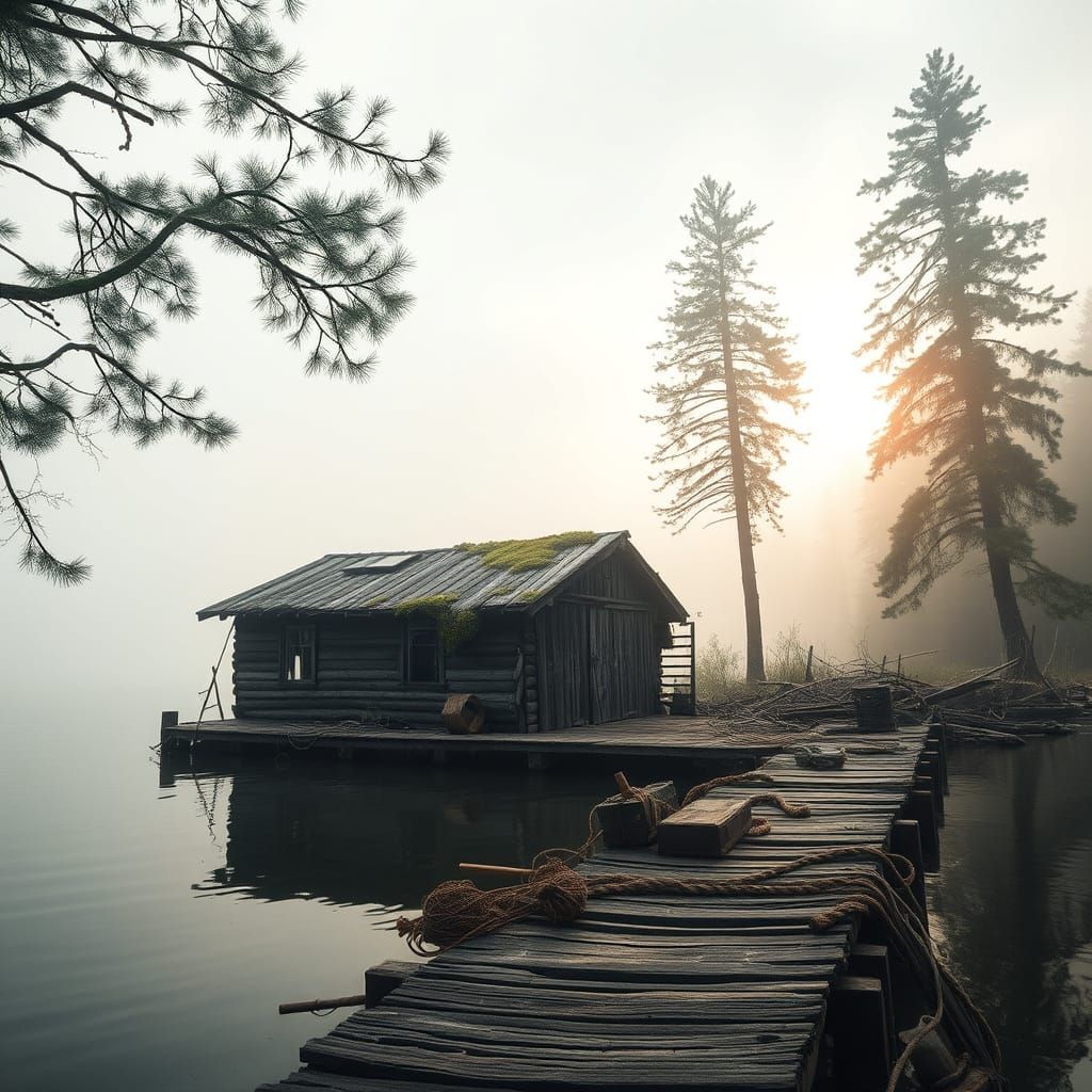 Weathered Shack Beside a Misty Lake at Dawn