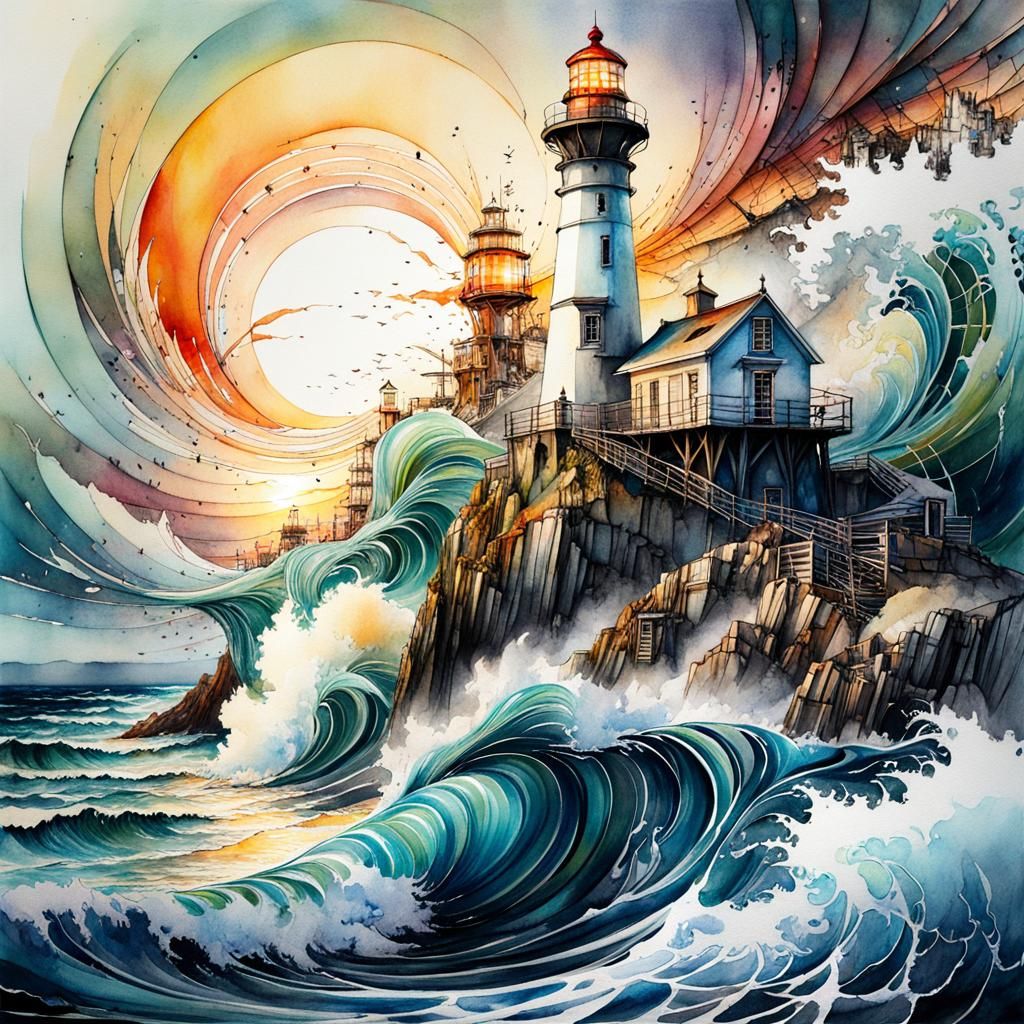 Chaotic Seascape Lighthouse in Watercolour Style