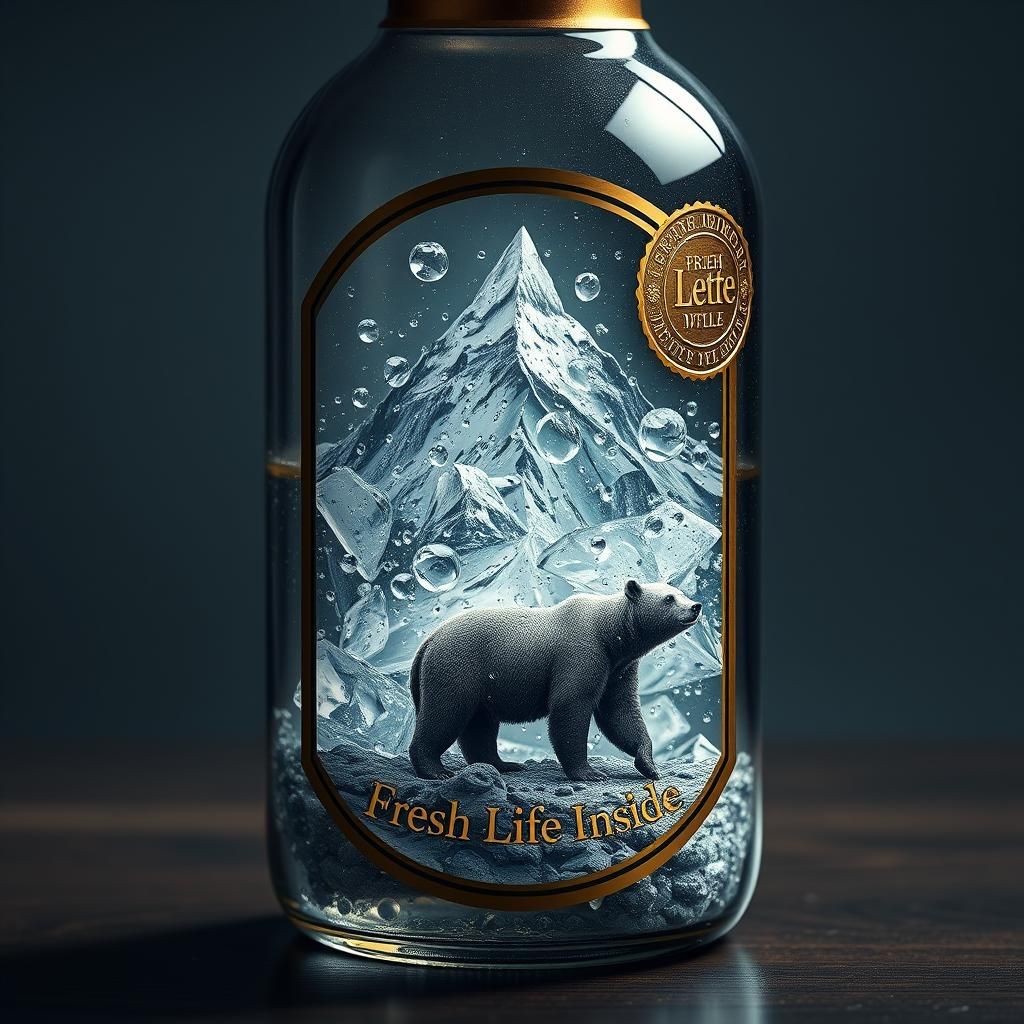 Luxury Bottle with Mountain Scene and Dew Drops