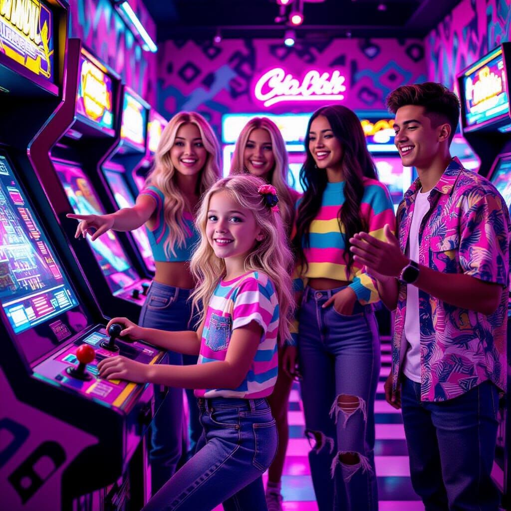 Girl Wins Game in Retro 80s Arcade