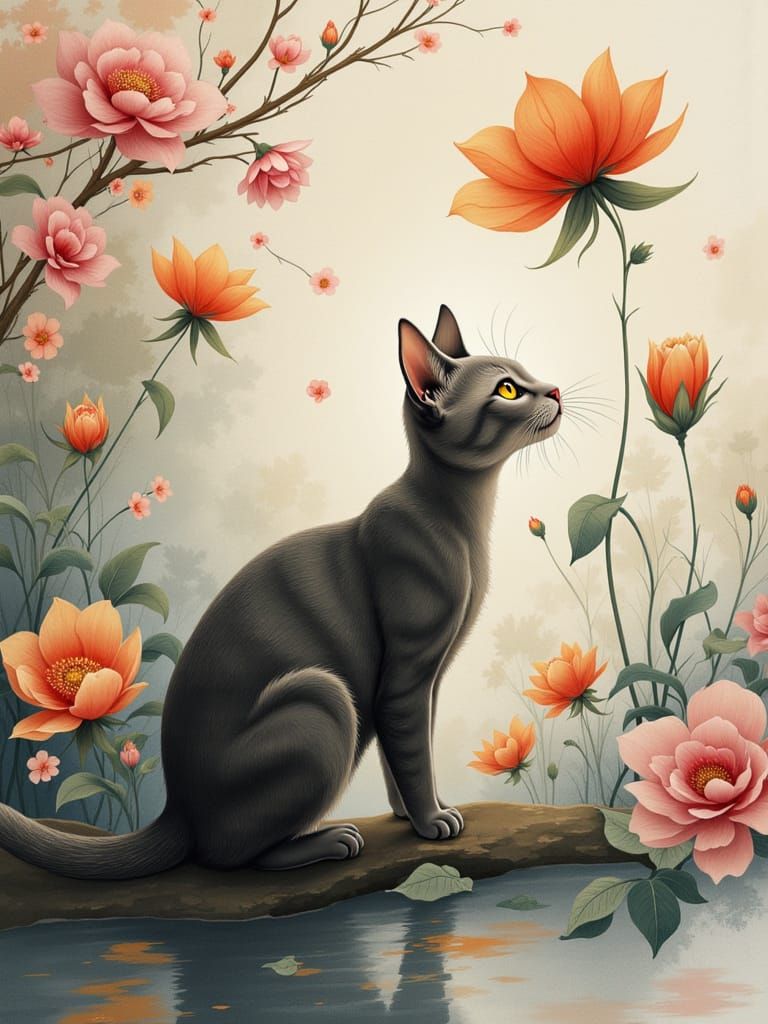 Adorable Cat Under Tall Flower with Flickering Light