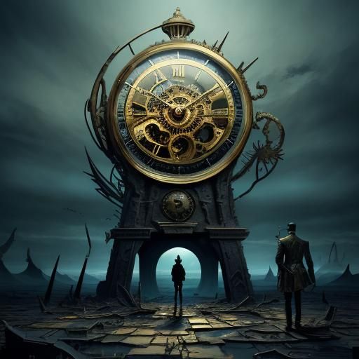 Surreal Timeless Landscape with Shattered Clock
