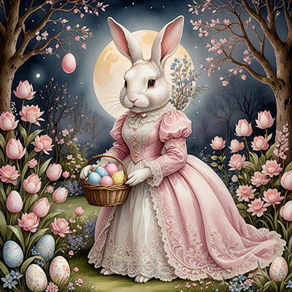 Elegant Victorian Easter Bunny in Enchanted Moonlit Garden