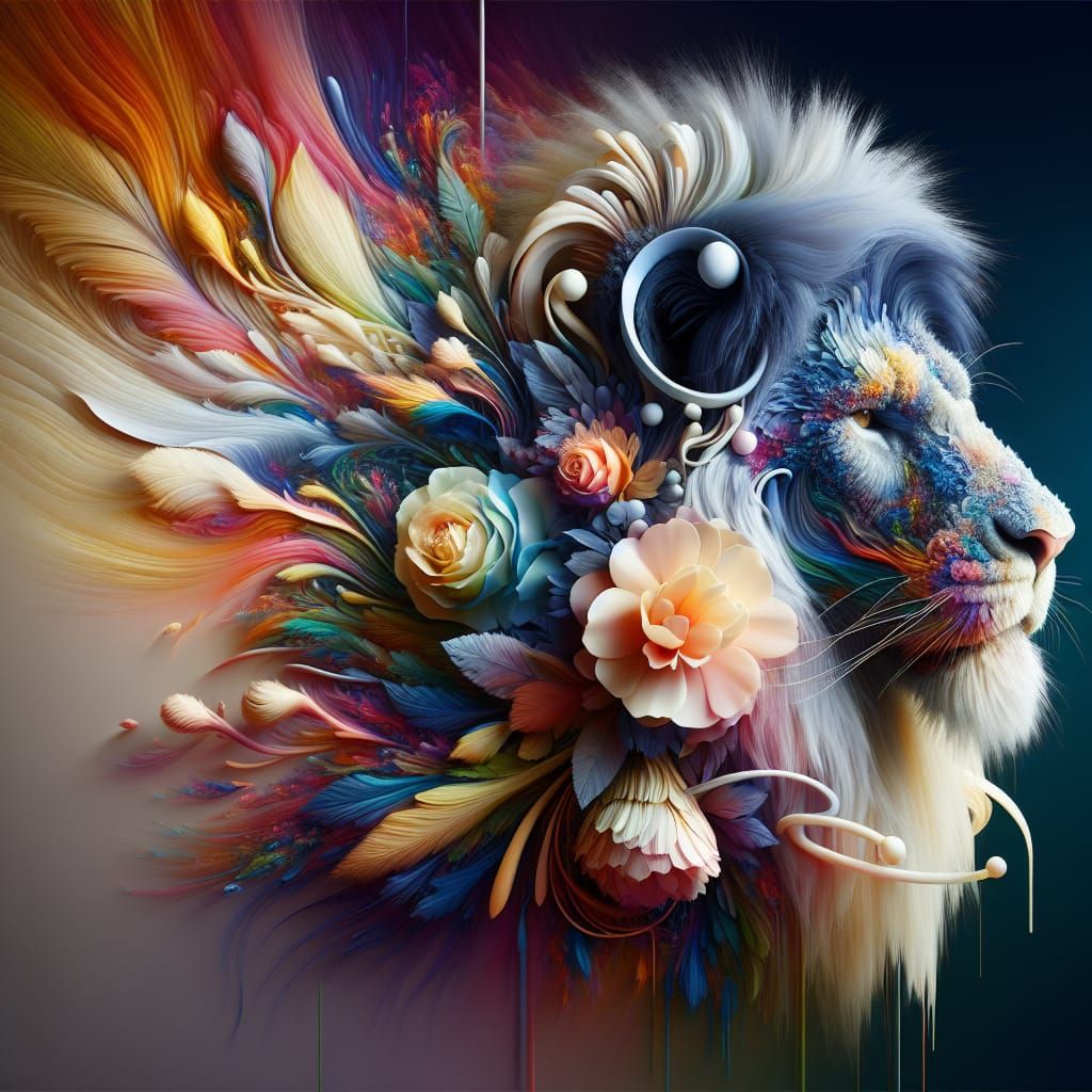 Surreal Lion Head Fused with Flowers, Hyperrealistic Style