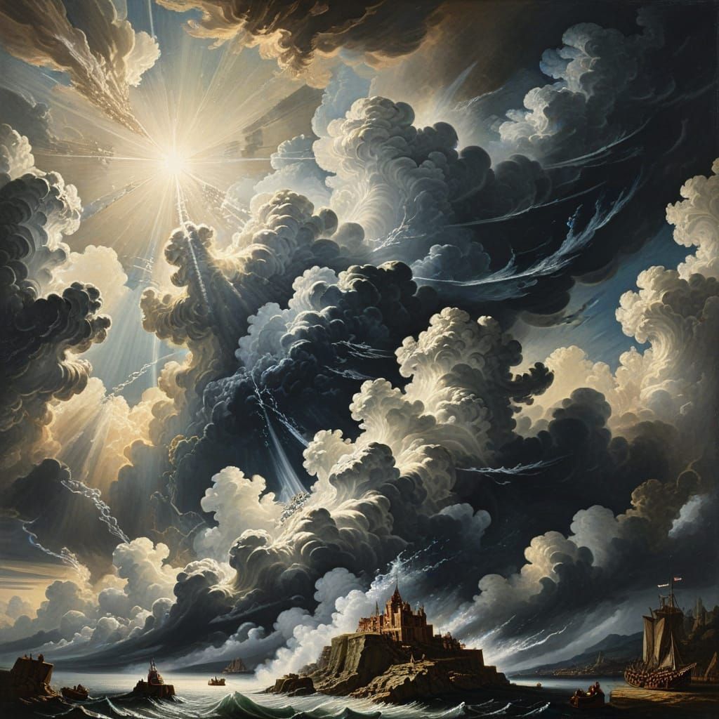 Divine Light Descends in 17th Century Etching Style