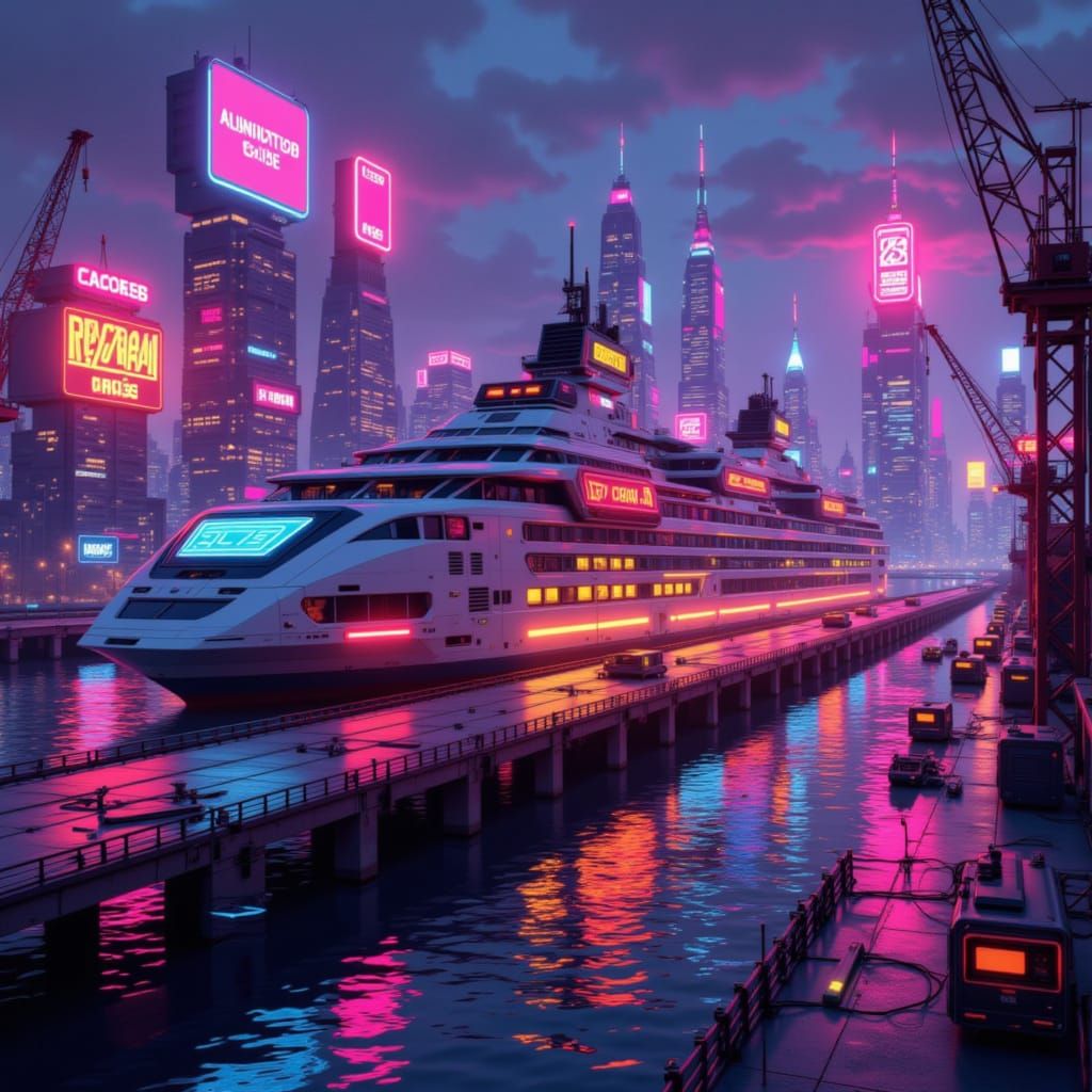 Retro Cruise Ship Arrives in Neon Harbor