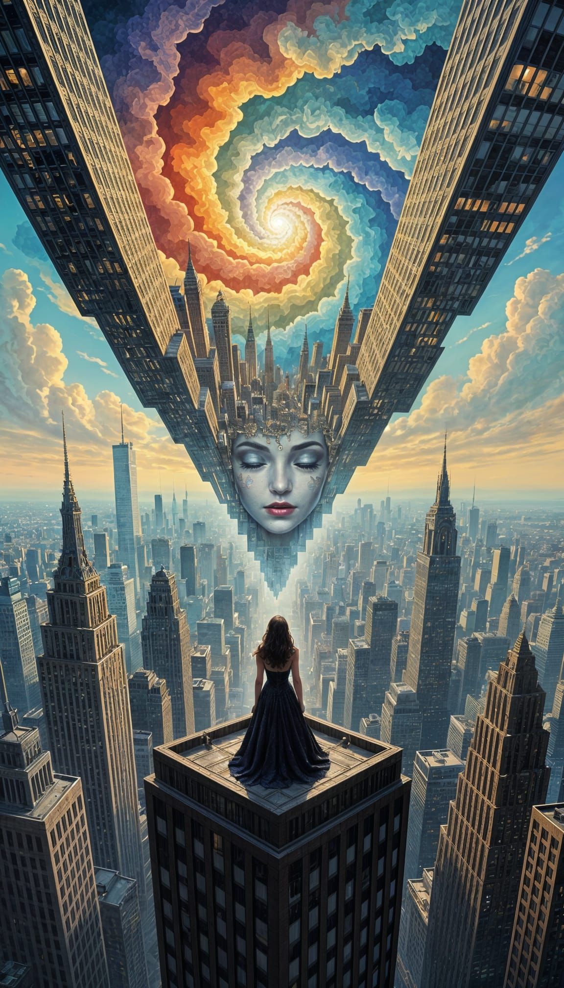 Warped Cityscape with Gold Zentangle Patterns in 8K