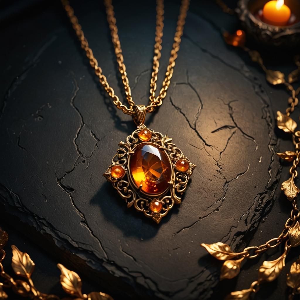 Amber Jewel Flame Necklace in Matte Painting Style