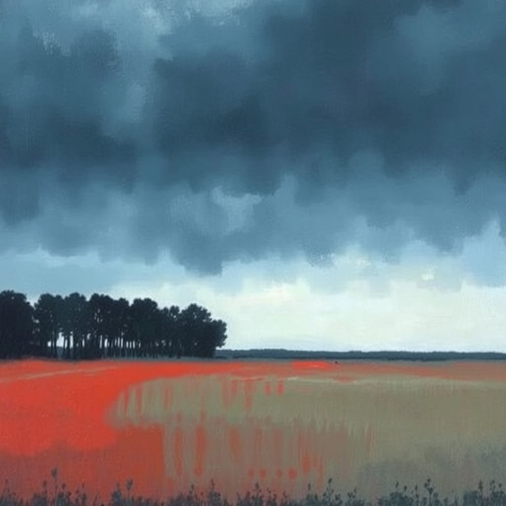 Treeline Under Dark Clouds: Color Field Painting