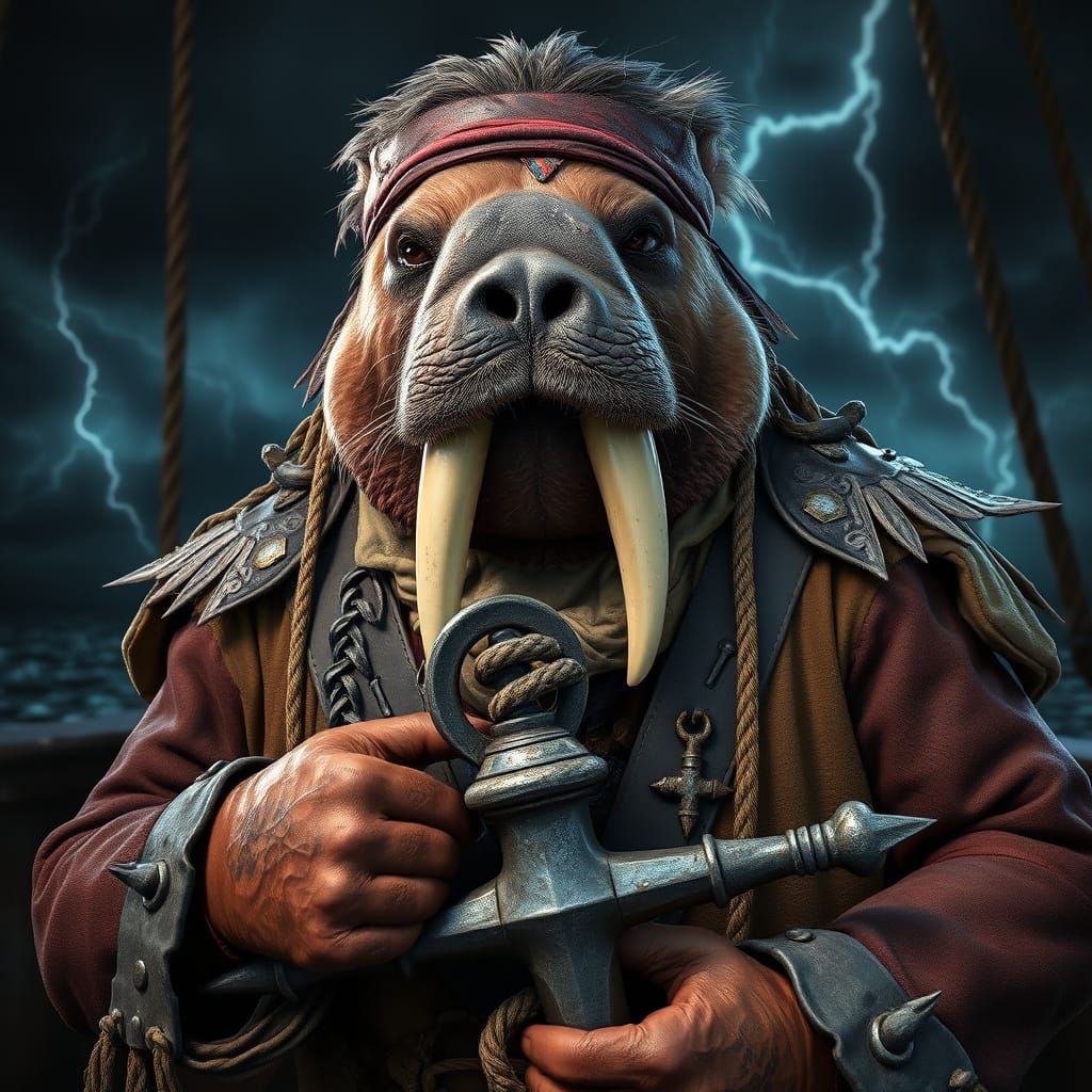 Walrus Pirate Captain Portrait with Ornate Flair